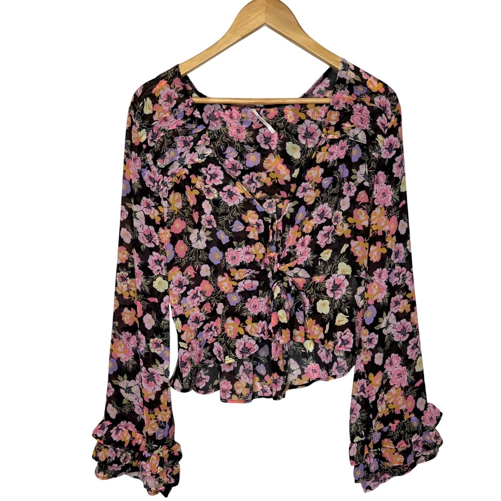 Free People Floral Bell Sleeve Tie Front Blouse Pink Purple Black Size Medium